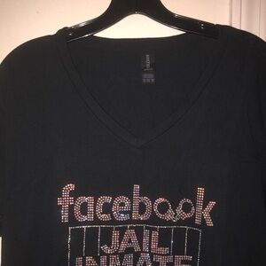 Black V-Neck Graphic Tee with Rhinestone Design